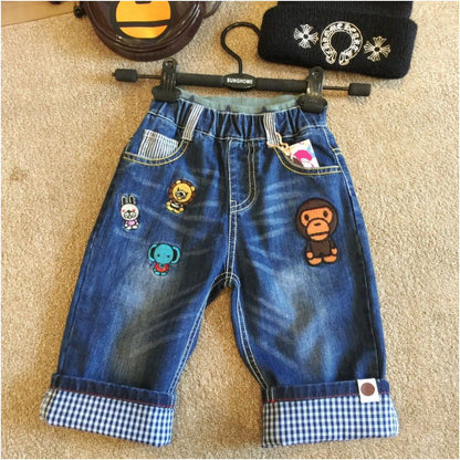Yichen a trendy children s clothing brand presents its 2018 Spring Summer new embroidered cartoon monkey denim cropped pants for boys and girls image 0