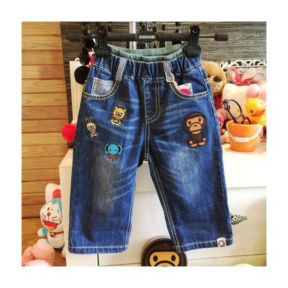 Yichen a trendy children s clothing brand presents its 2018 Spring Summer new embroidered cartoon monkey denim cropped pants for boys and girls image 1
