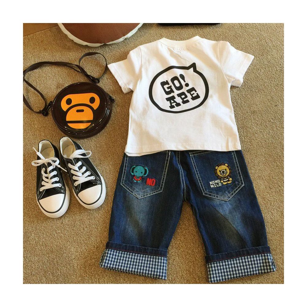 Yichen a trendy children s clothing brand presents its 2018 Spring Summer new embroidered cartoon monkey denim cropped pants for boys and girls image 2