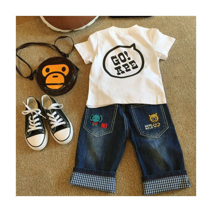 Yichen a trendy children s clothing brand presents its 2018 Spring Summer new embroidered cartoon monkey denim cropped pants for boys and girls image 2