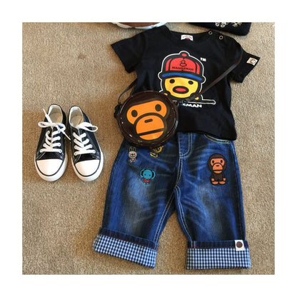 Yichen a trendy children s clothing brand presents its 2018 Spring Summer new embroidered cartoon monkey denim cropped pants for boys and girls image 3