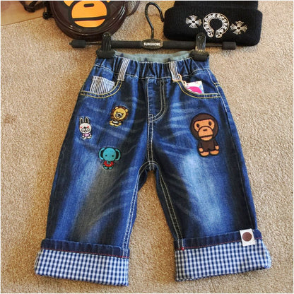 Yichen a trendy children s clothing brand presents its 2018 Spring Summer new embroidered cartoon monkey denim cropped pants for boys and girls