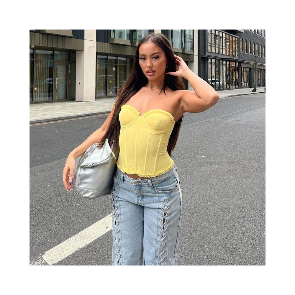sexy French sweet girl rubber bone shaping sexy strapless backless see through chest top image 3
