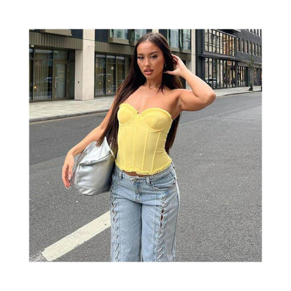sexy French sweet girl rubber bone shaping sexy strapless backless see through chest top image 3