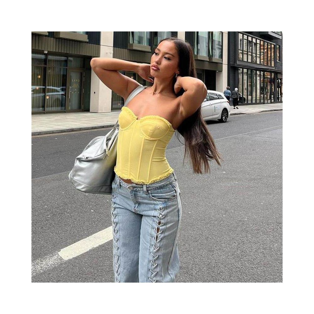 sexy French sweet girl rubber bone shaping sexy strapless backless see through chest top image 4