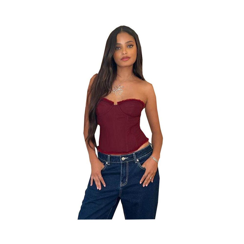 sexy French sweet girl rubber bone shaping sexy strapless backless see through chest top image 5