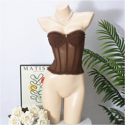 sexy French sweet girl rubber bone shaping sexy strapless backless see through chest top
