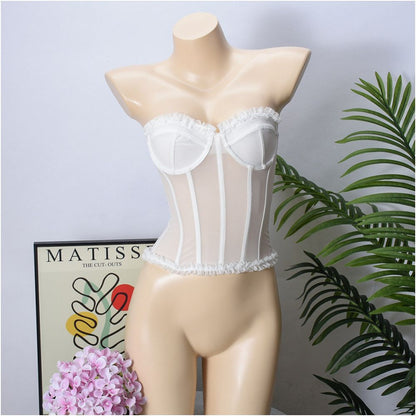 sexy French sweet girl rubber bone shaping sexy strapless backless see through chest top