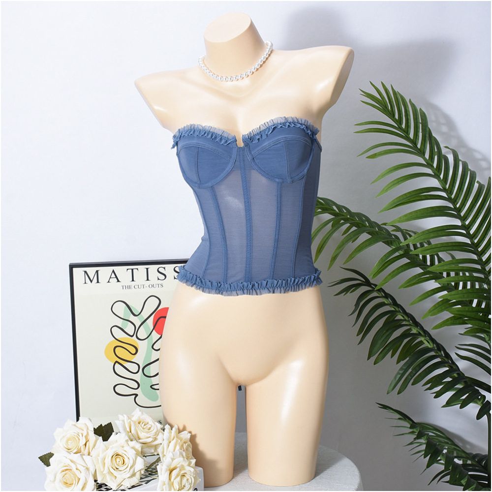 sexy French sweet girl rubber bone shaping sexy strapless backless see through chest top