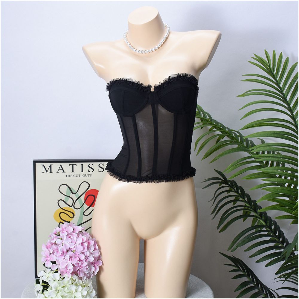 sexy French sweet girl rubber bone shaping sexy strapless backless see through chest top