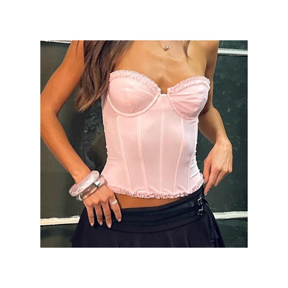 sexy French sweet girl rubber bone shaping sexy strapless backless see through chest top