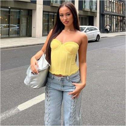 sexy French sweet girl rubber bone shaping sexy strapless backless see through chest top