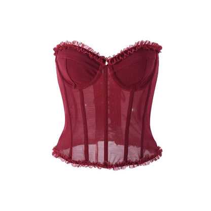 sexy French sweet girl rubber bone shaping sexy strapless backless see through chest top