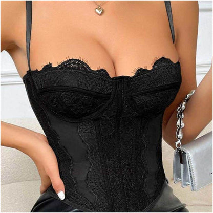 lace strapless short sweet style suspender with backless perspective design suitable for bohemian embroidery style image 3