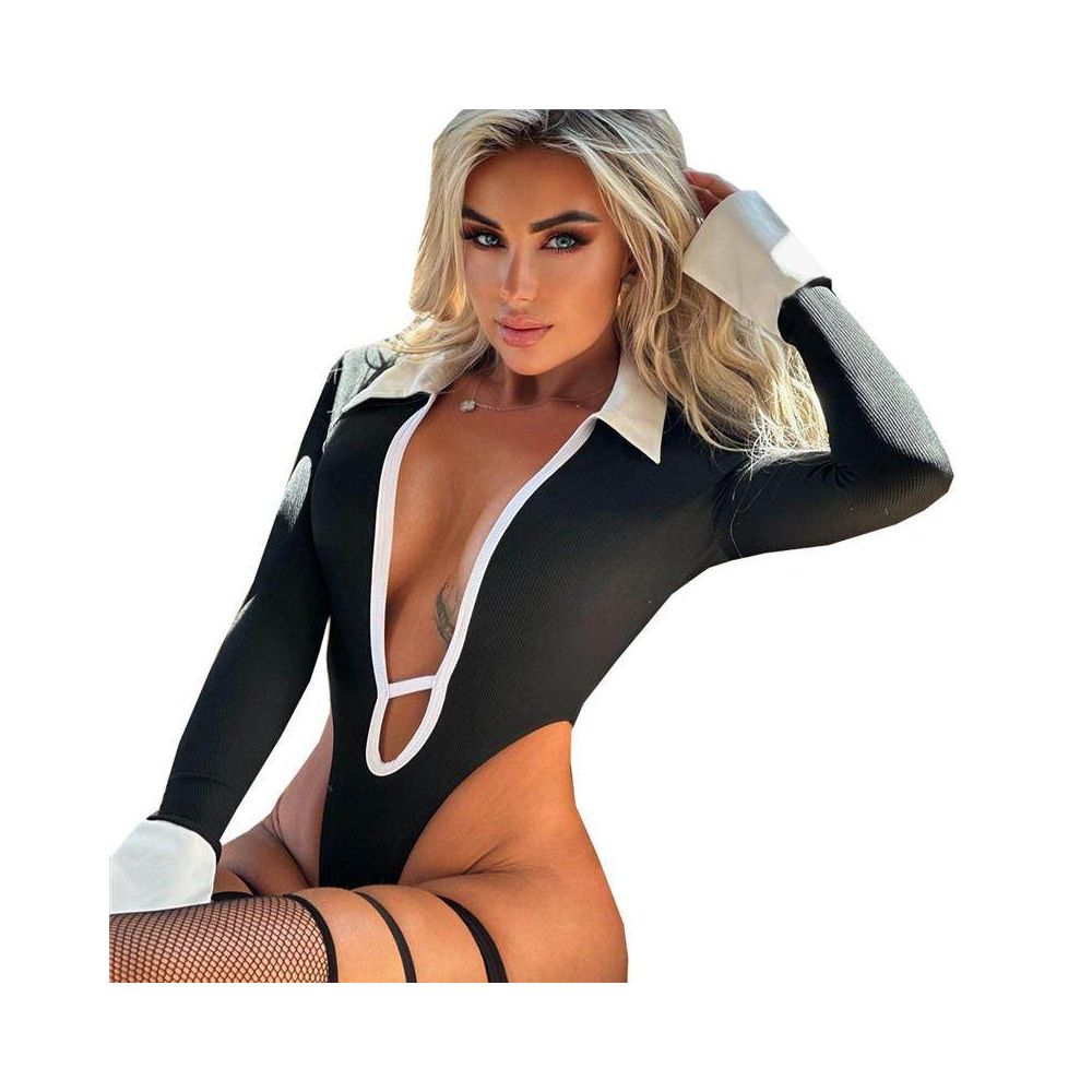 pure trendy new sexy shirt collar long sleeved crotch hollow high elasticity one piece women s top image 5