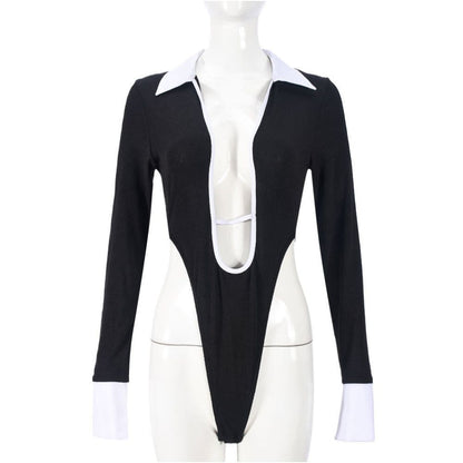 pure trendy new sexy shirt collar long sleeved crotch hollow high elasticity one piece women s top