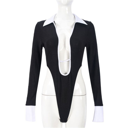 pure trendy new sexy shirt collar long sleeved crotch hollow high elasticity one piece women s top