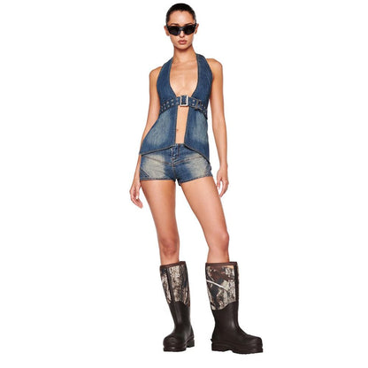 spicy girl style deep V hanging neck backless camisole vest metal belt washed denim top for women image 5