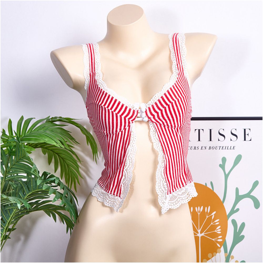 top sexy lace camisole top summer new style vacation base revealing chest short striped lace vest