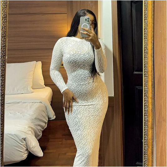 Tall beauty light through outfit autumn and winter new cross border round neck long sleeved plush slim fit European and American dress for women