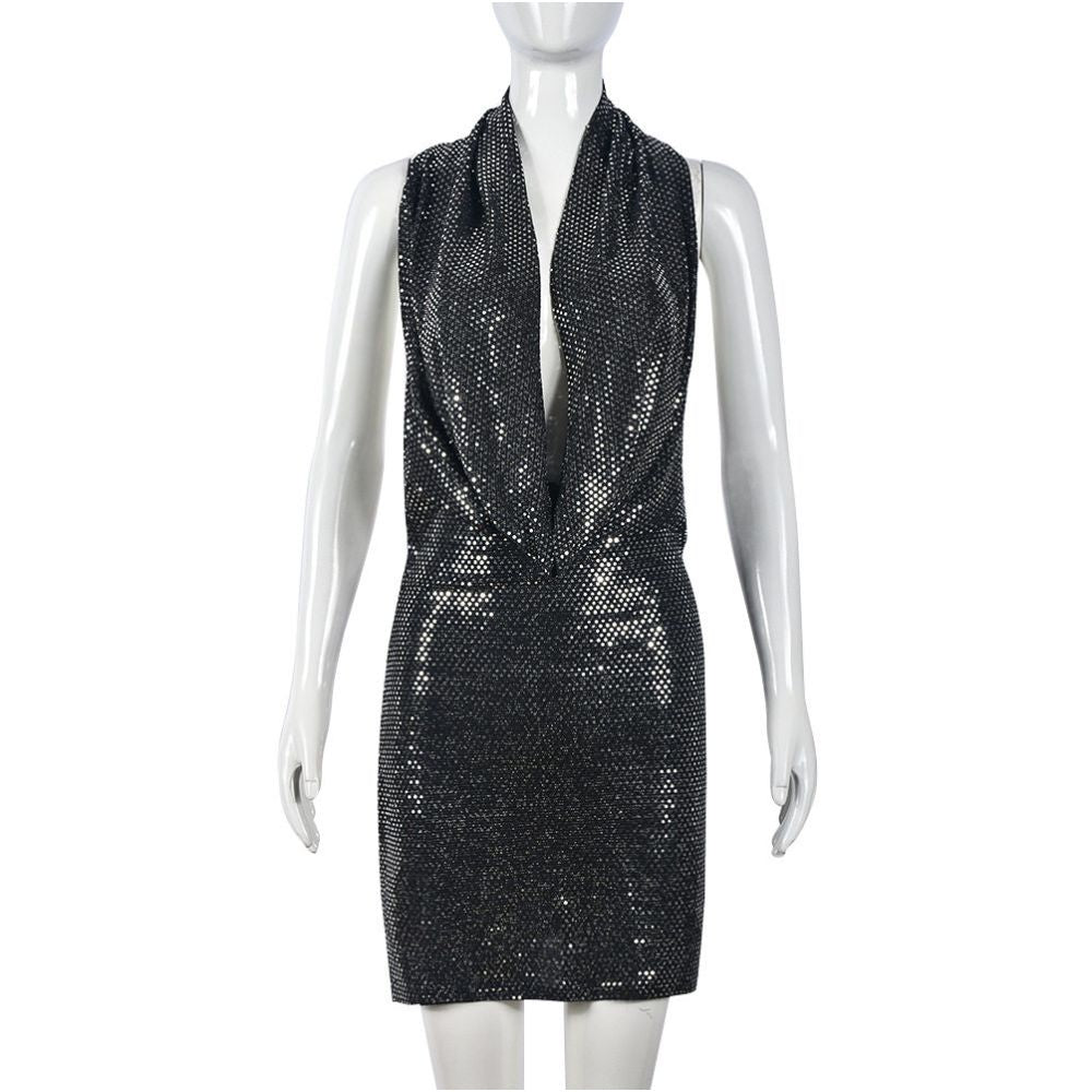 style sexy trendy spicy girl Christmas fashion bead glitter hooded swinging collar hollow backless dress