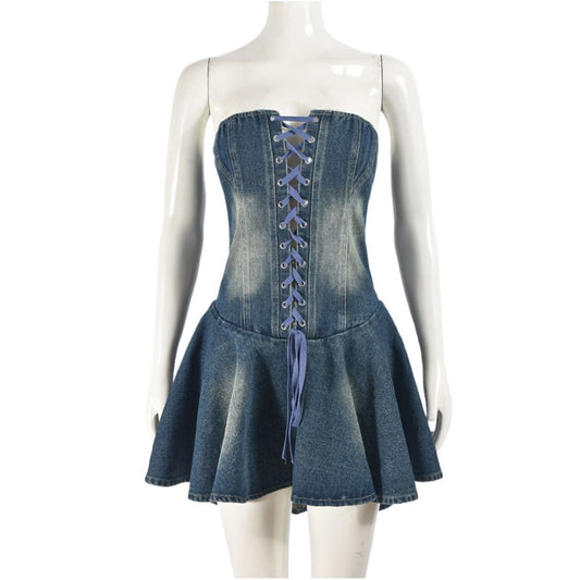 Zipper Strap Wrapped Chest Cowboy Skirt Lotus Leaf Dress