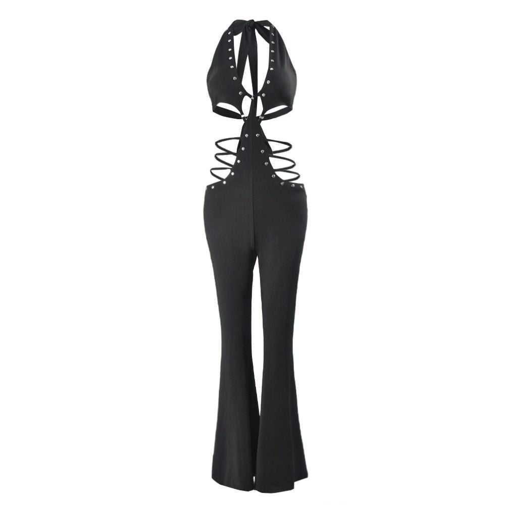Lace up backless flared pants jumpsuit