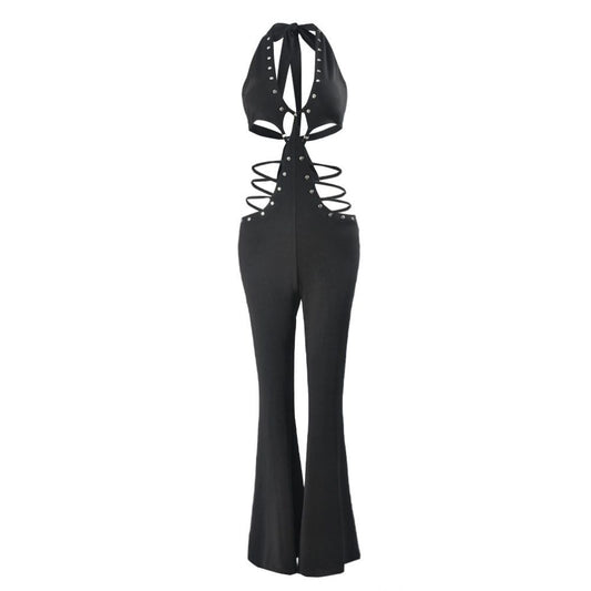 Lace up backless flared pants jumpsuit