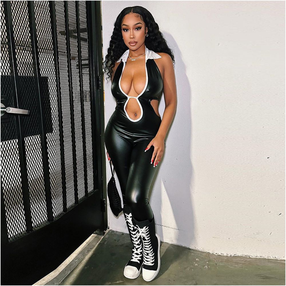 trend cross border sexy fashion hollow tight fitting shirt collar strap jumpsuit women image 4