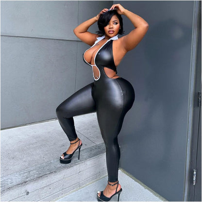 trend cross border sexy fashion hollow tight fitting shirt collar strap jumpsuit women image 0