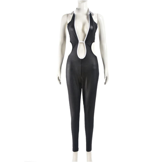 trend cross border sexy fashion hollow tight fitting shirt collar strap jumpsuit women