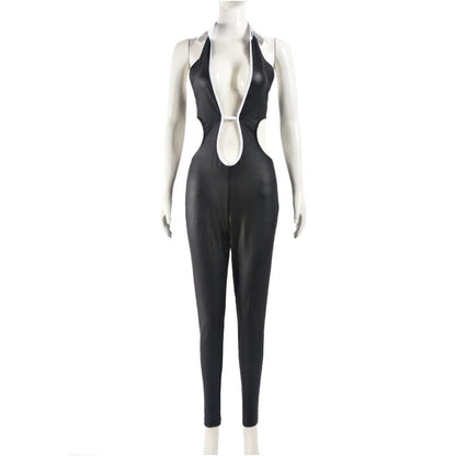 trend cross border sexy fashion hollow tight fitting shirt collar strap jumpsuit women