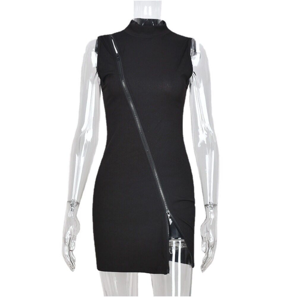 Round neck sleeveless zipper dress sexy hollowed out one step skirt image 5