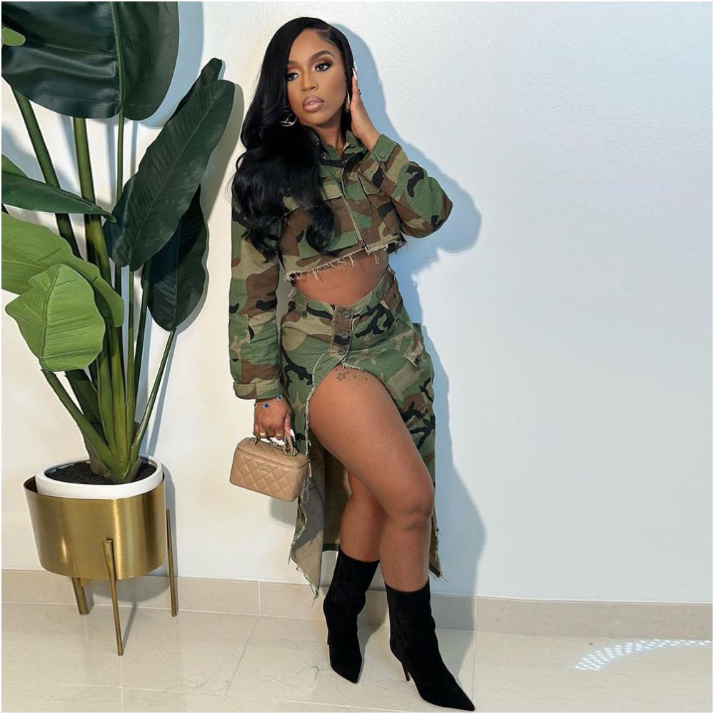 Camouflage washed slit skirt for image 2