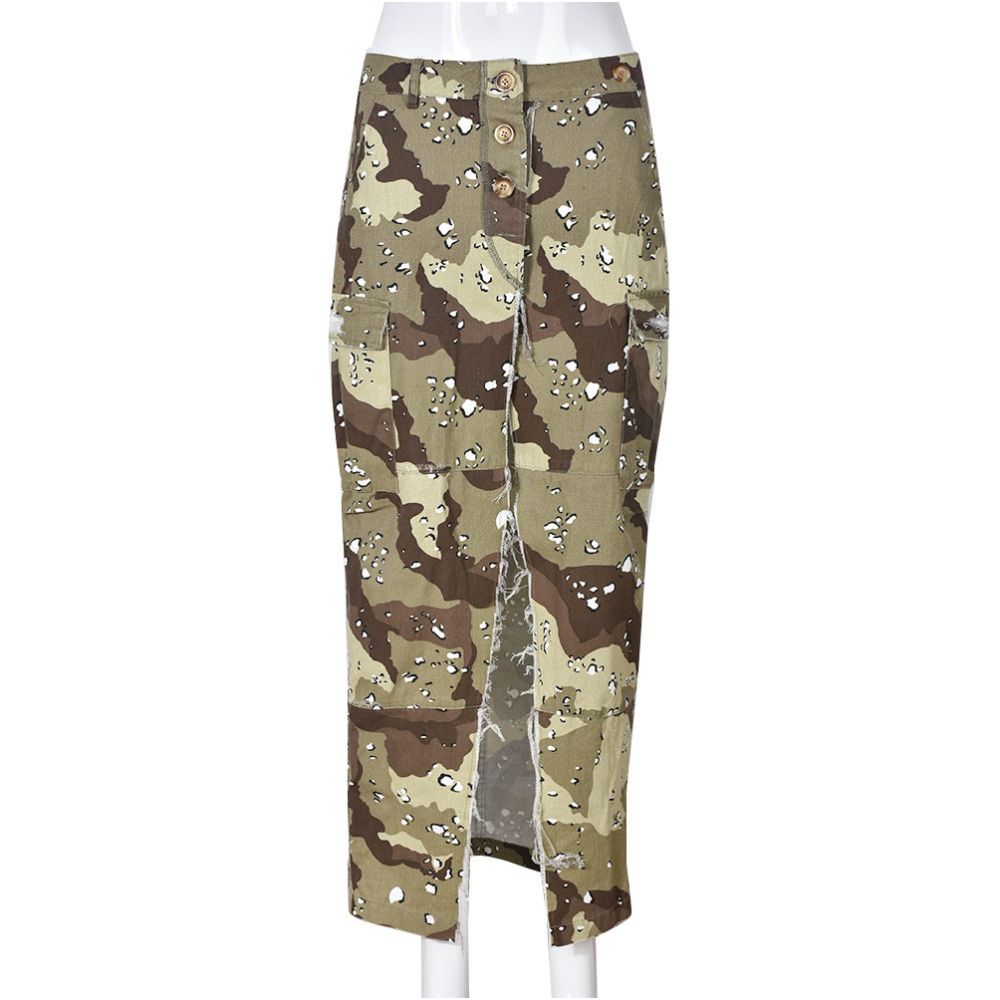 Camouflage washed slit skirt for