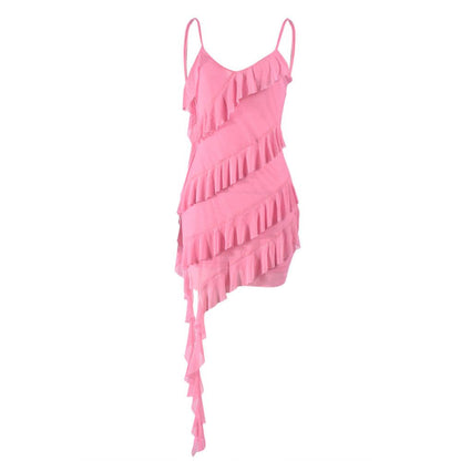 Mesh suspender ruffle edge dress