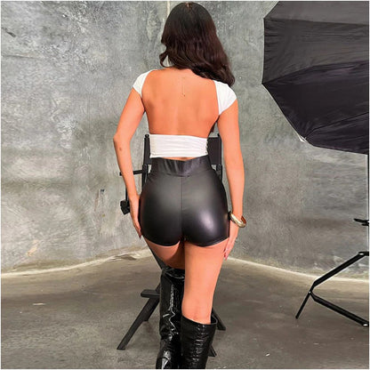9135PD Nazada 2024 Spring Summer New Product AliExpress Hollow Lace PU Leather Matte Personalized Tight Shorts image 4