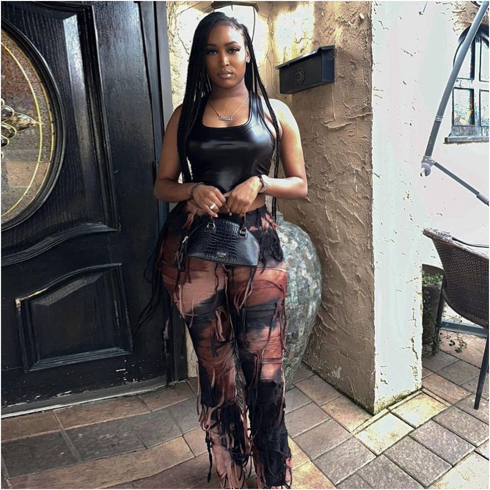 Waste Earth Style New Product 2024 Personalized Tassel Dress up Geely Clothing Micro La Small Sense Hole 7801 Pants Women image 3