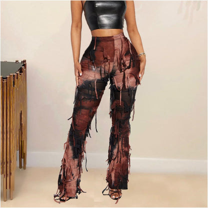 Waste Earth Style New Product 2024 Personalized Tassel Dress up Geely Clothing Micro La Small Sense Hole 7801 Pants Women image 0