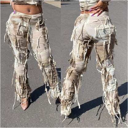 Waste Earth Style New Product 2024 Personalized Tassel Dress up Geely Clothing Micro La Small Sense Hole 7801 Pants Women
