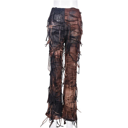 Waste Earth Style New Product 2024 Personalized Tassel Dress up Geely Clothing Micro La Small Sense Hole 7801 Pants Women