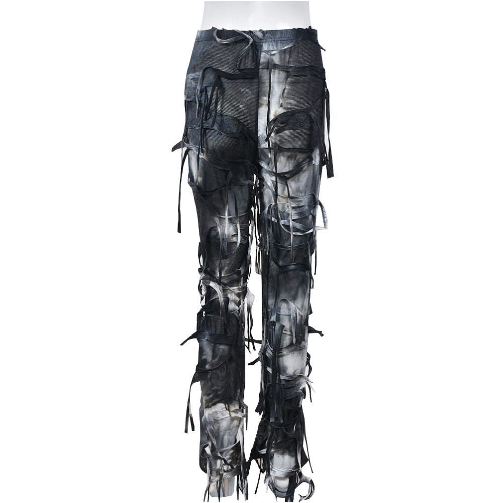 Waste Earth Style New Product 2024 Personalized Tassel Dress up Geely Clothing Micro La Small Sense Hole 7801 Pants Women