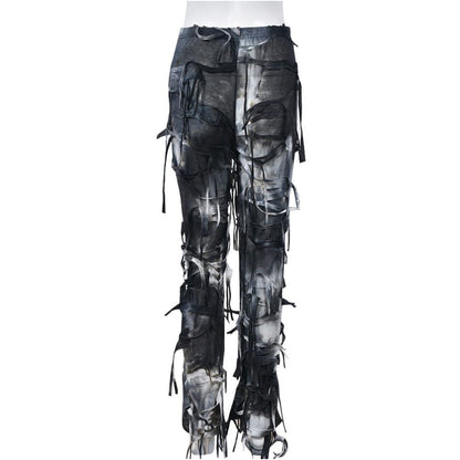 Waste Earth Style New Product 2024 Personalized Tassel Dress up Geely Clothing Micro La Small Sense Hole 7801 Pants Women
