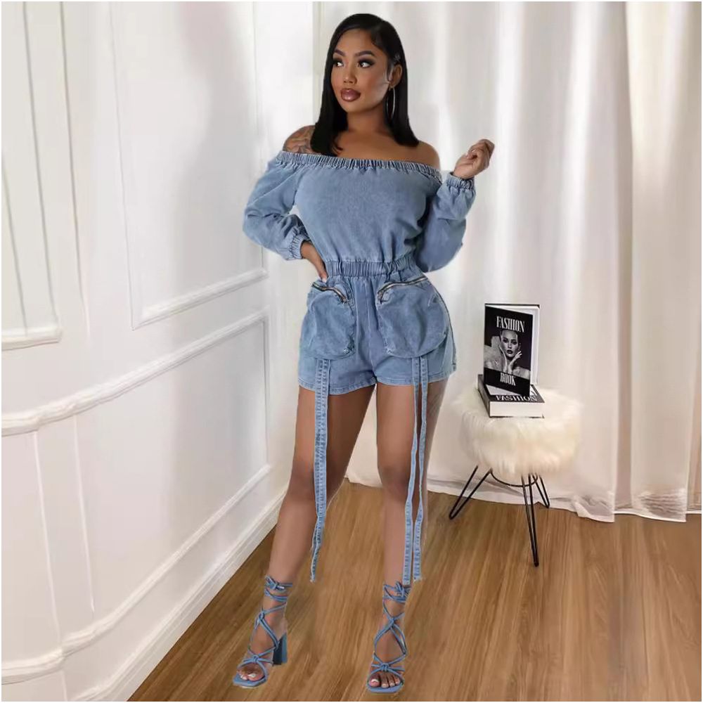 multi pocket denim style sexy washable short stretch elastic chest elastic waist jumpsuit image 2
