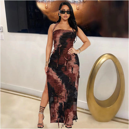 Hanging neck wrapped chest sexy backless split tattered dress for women image 2