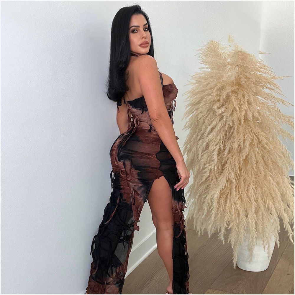 Hanging neck wrapped chest sexy backless split tattered dress for women image 4