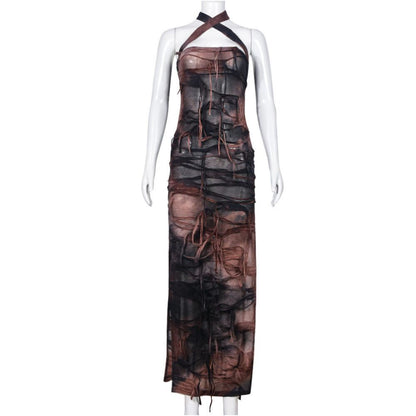Hanging neck wrapped chest sexy backless split tattered dress for women