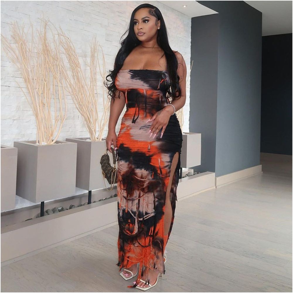 Hanging neck wrapped chest sexy backless split tattered dress for women