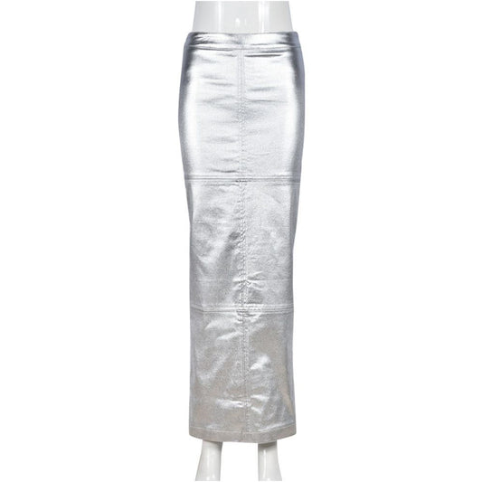 European and American women s clothing personality 2024 new product slim fit bag hip splicing split PU leather glossy shiny leather half skirt 7662 women
