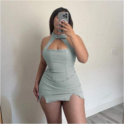 elastic denim buttoned neck dress with chest wrap and sexy spicy girl hollow zipper hip wrap skirt for women image 2